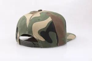 Rear view of woodland camouflage snapback cap with adjustable strap and flat brim
