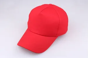 Detail view of red cotton five-panel baseball cap with structured crown and curved brim