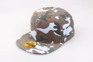 Detail of camouflage flat brim baseball cap showing size sticker 7 1/4 (58cm) and texture