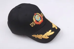 Detail of USSR emblem embroidery with gold leaves on a black cotton baseball cap