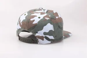 Detail of camouflage snapback cap showing adjustable plastic strap and six-panel stitching