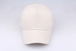 Front view detail of a beige 5-panel cotton baseball cap with a curved brim and top button