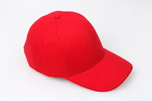 Top view of a thick red cotton baseball cap with a classic six-panel design and top button