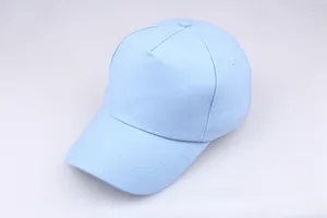 Top view of a light blue five-panel cotton baseball cap with curved brim and twill texture