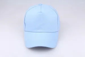 Detailed close-up of a light blue five-panel cotton twill baseball cap with curved brim