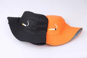Classic black and bright orange cotton bucket hats with detailed cigarette embroidery
