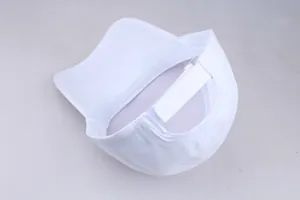 Detail view of cotton baseball cap with adjustable velcro strap and reinforced brim