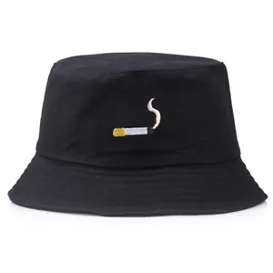 Black cotton bucket hat with NO CHILL cigarette embroidery and round flat brim