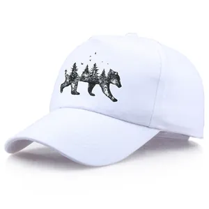 White cotton baseball cap featuring a black forest bear silhouette print in the center