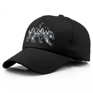 Classic black cotton baseball cap with artistic forest bear print and curved brim