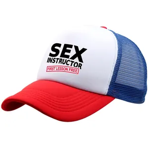 Red white and blue trucker hat with Sex Instructor First Lesson Free printed text