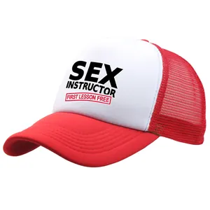 Red and white trucker hat featuring a Sex Instructor First Lesson Free slogan print