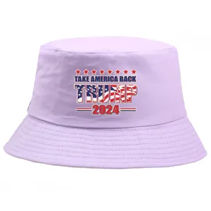 Light purple cotton bucket hat featuring Take America Back Trump 2024 patriotic print