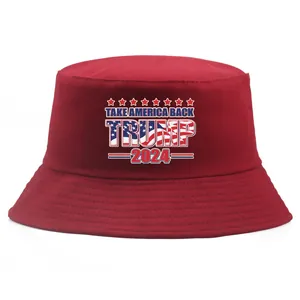 Dark red Take America Back bucket hat with Trump 2024 print and stars and stripes elements