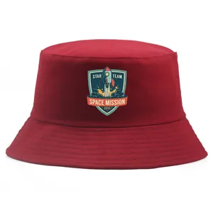 Red canvas bucket hat featuring a Space Mission 2035 astronaut patch and stitched brim