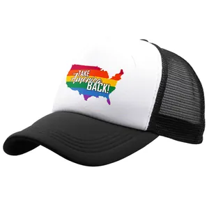 Black and white Take America Back trucker hat with rainbow USA map and mesh back