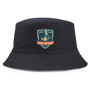 Space Mission 2035 astronaut rocket print bucket hat in black canvas fabric