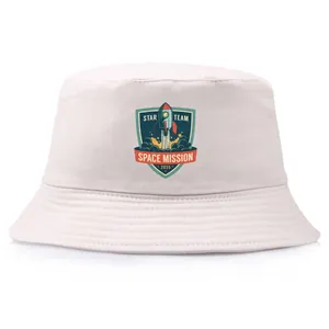 Space Mission 2035 printed bucket hat with retro rocket and star team graphic design