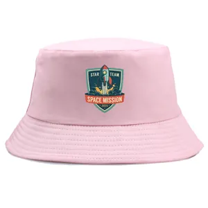 Pink Space Mission 2035 bucket hat with astronaut rocket shield print for outdoor use