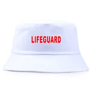 White cotton bucket hat with red Lifeguard print logo for sun protection in summer