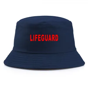 Navy blue cotton bucket hat with red LIFEGUARD print for summer sun protection