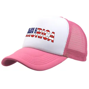 Pink and white mesh trucker hat featuring MURICA American flag text print on front