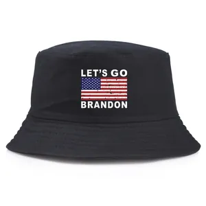 Black bucket hat with Let's Go Brandon text and American flag print for outdoors