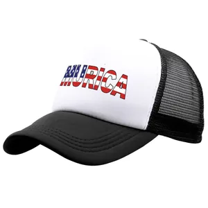 Classic black and white mesh trucker hat with Murica American flag print on front