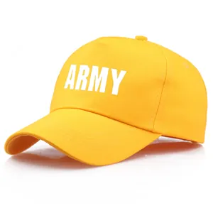 Gelbe Baumwoll-Basecap mit weißem ARMY-Aufdruck und klassischem gebogenem Schirm