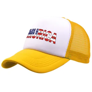 Detail of the MURICA print with American flag stars and stripes on a trucker hat