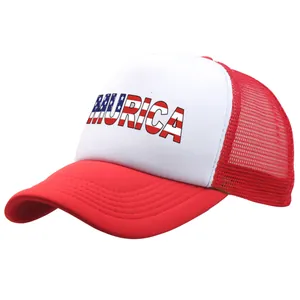Classic red and white trucker hat with MURICA American flag text on high front panel