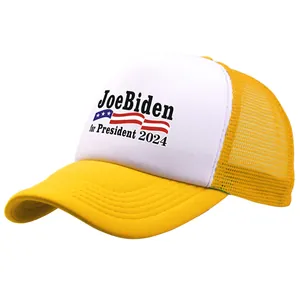 Detail of Biden 2024 trucker hat featuring breathable yellow mesh and printed foam panel