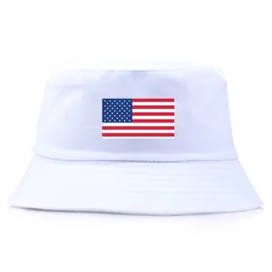 White cotton canvas bucket hat featuring a rectangular American flag print for outdoor wear