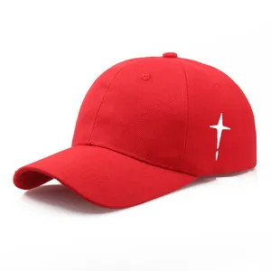 Classic red cotton baseball cap with side white cross star print and breathable eyelets