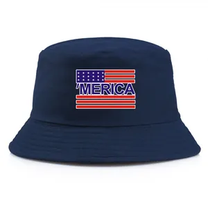 Navy blue MERICA bucket hat with American flag print and wide brim for sun protection