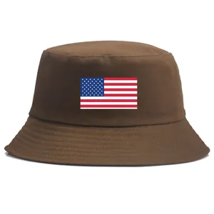 Dark brown cotton bucket hat featuring a vintage American flag print on the front panel