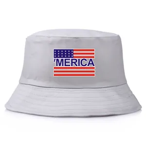 Light gray cotton bucket hat featuring a 'MERICA graphic with American flag elements