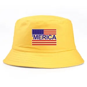 Yellow cotton bucket hat featuring blue 'MERICA print with American flag elements