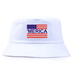 White cotton bucket hat with 'MERICA American flag print for sun protection and casual wear