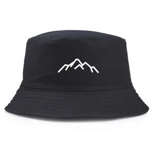 Chapeau bob noir classique avec broderie de montagne pour la randonnée et la pêche en plein air