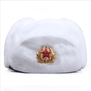 Soviet Badge Faux Fur Ushanka Hat Winter Warm Ear Protection Trapper Hat For Men Women Russian Style Cold Weather Cap