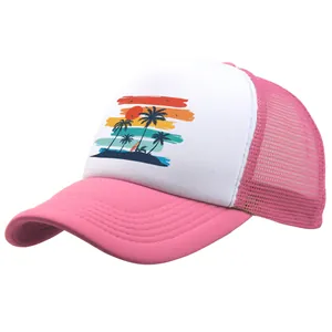 Pink and white mesh trucker hat with tropical sunset island palm tree print beach design