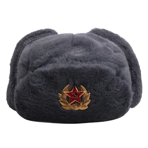 Grey Soviet style Ushanka hat with hammer and sickle red star badge for winter warmth