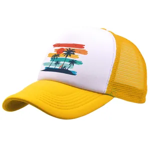 Yellow and white trucker hat with tropical sunset island print for outdoor sports