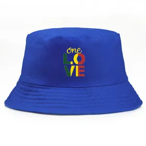 Royal blue bucket hat with One Love print and green, yellow, red stripe design