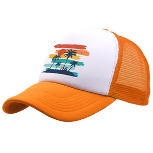 Orange and white trucker hat featuring tropical beach sunset print for outdoor sports