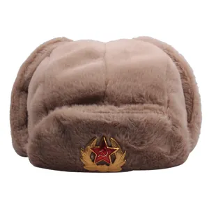 Winter Soviet Ushanka hat in khaki plush with hammer and sickle badge and ear flaps
