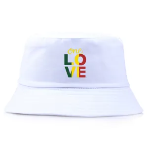 White cotton bucket hat featuring colorful ONE LOVE print with Reggae style graphics