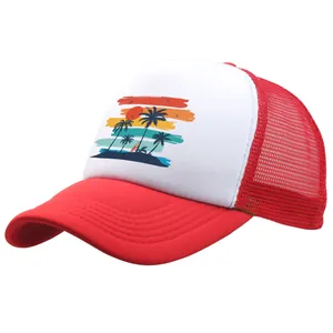Red and white trucker hat with sunset palm tree print on a clean white background