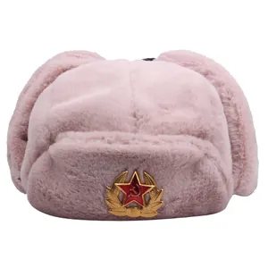 Pink Ushanka winter hat with faux fur and Soviet emblem featuring hammer and sickle